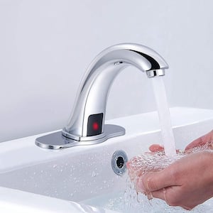 Automatic Sensor Touchless Single Hole Bathroom Faucet with Deckplate, Cold and Hot Water Mixer in Chrome