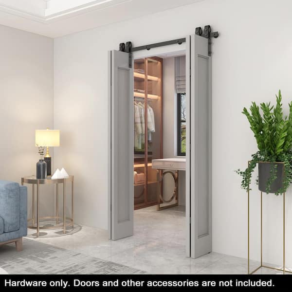 CALHOME 51 in. Black Double Bi-Fold Front Mount Sliding Barn Door Track and Hardware Kit