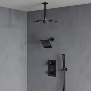 3-spray Dual Shower Head and Handheld Shower Head with LCD Temperature Display in Matte Black(Valve Included)