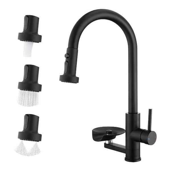 3-in-1 Matte Black Kitchen Faucet with Glass Rinser, Pull-Down Sprayer, 3 Modes High Arc Single Handle Sink Faucet