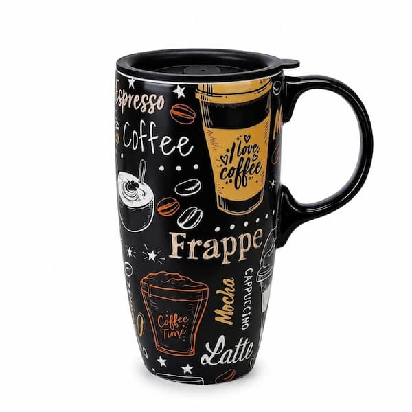 Ceramic Porcelain Coffee Mug with Spill-Proof Lid, 17 oz. Capacity, Coffee Style Design, Set of 1