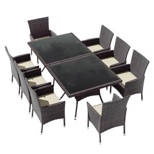 10-Piece Wicker Patio Outdoor Dining Set with Glass Tabletop, 1.5 in. Umbrella Hole and Sand Cushion