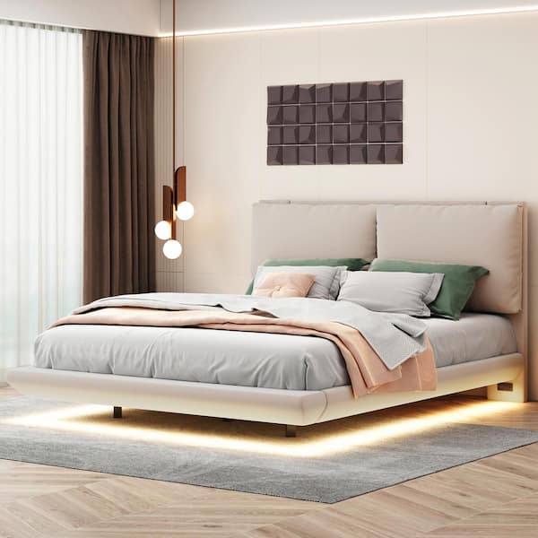Harper & Bright Designs Floating Beige Wood Frame Queen Size Velvet Upholstered Platform Bed with Sensor Light, 2-Plump Backrests, USB Ports