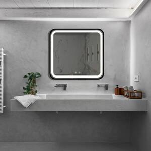 32 in. W x 32 in. H Black Framed Rectangular Anti-Fog LED Light Bathroom Vanity Mirror, Wall Switch Control