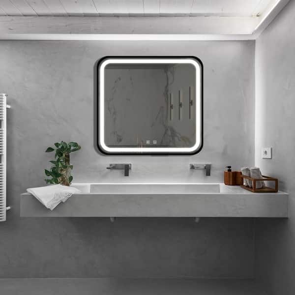 Cesicia 32 in. W x 32 in. H Black Framed Square Anti-Fog LED Light Bathroom Vanity Mirror, Wall Switch Control