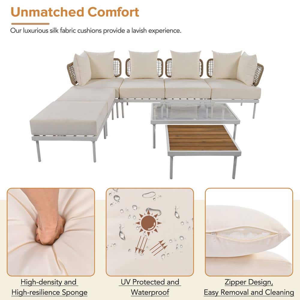 Beige Cushioned 6-Person Outdoor Sectional Sofa Set with White Iron Frame