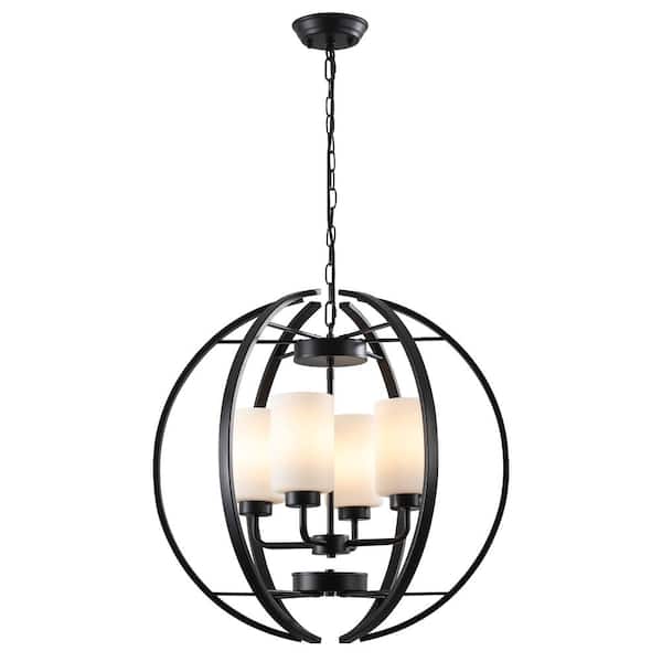 22.8 in. 4-Light Black Dimmable Geometric Globe Chandelier Farmhouse Glass Shade for Kitchen Island Living Room