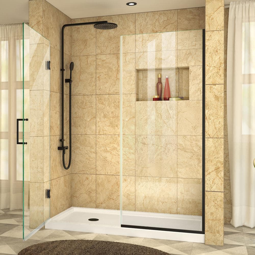 Unidoor Plus Matte Black Frameless Hinged Shower Door with Clear Glass