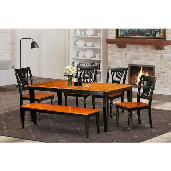 East West Furniture 6-Piece Rectangle Black and Cherry Finish Solid Wood Top Dining Table with 1-Bench and 4-Chairs with Lattice Back