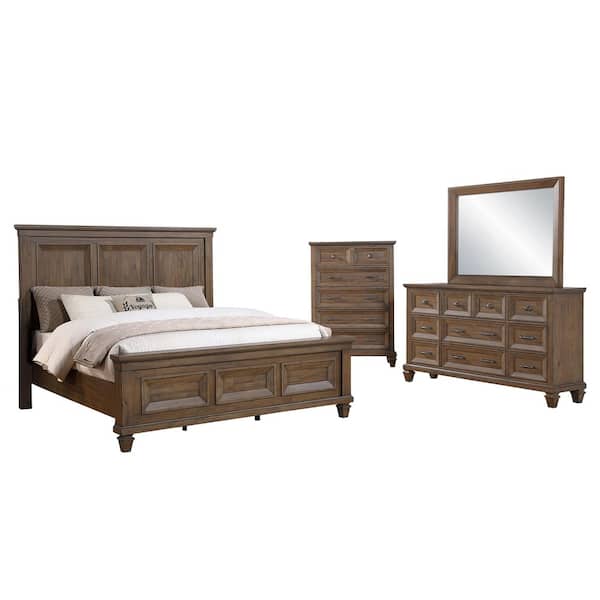 New Classic Furniture Mariana 4-Piece Vintage Mocha Wood Cal King Bedroom Set with Dresser/Mirror and Chest