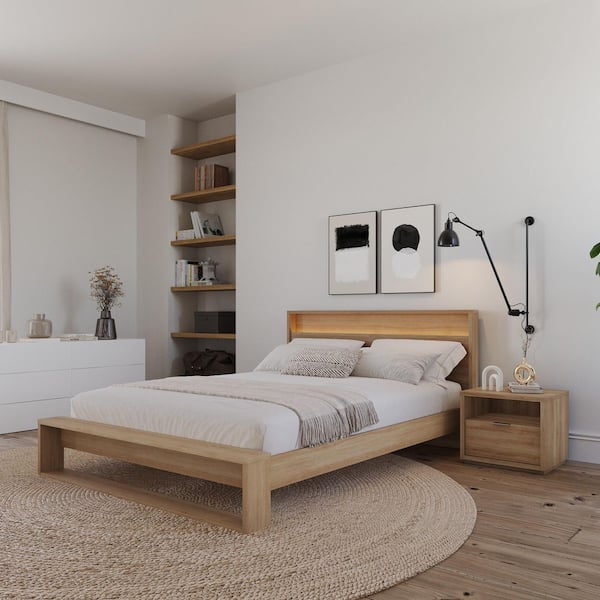 Gael 3 Piece Brown Oak Wood Composite Queen Size Bedroom Set with Integrated Headboard Light