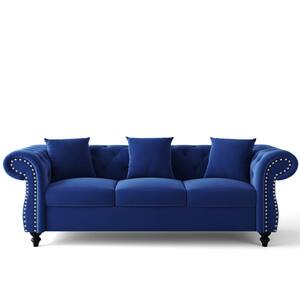 80 in. Wide Round Arm Velvet Chesterfield Straight Sofa in Blue