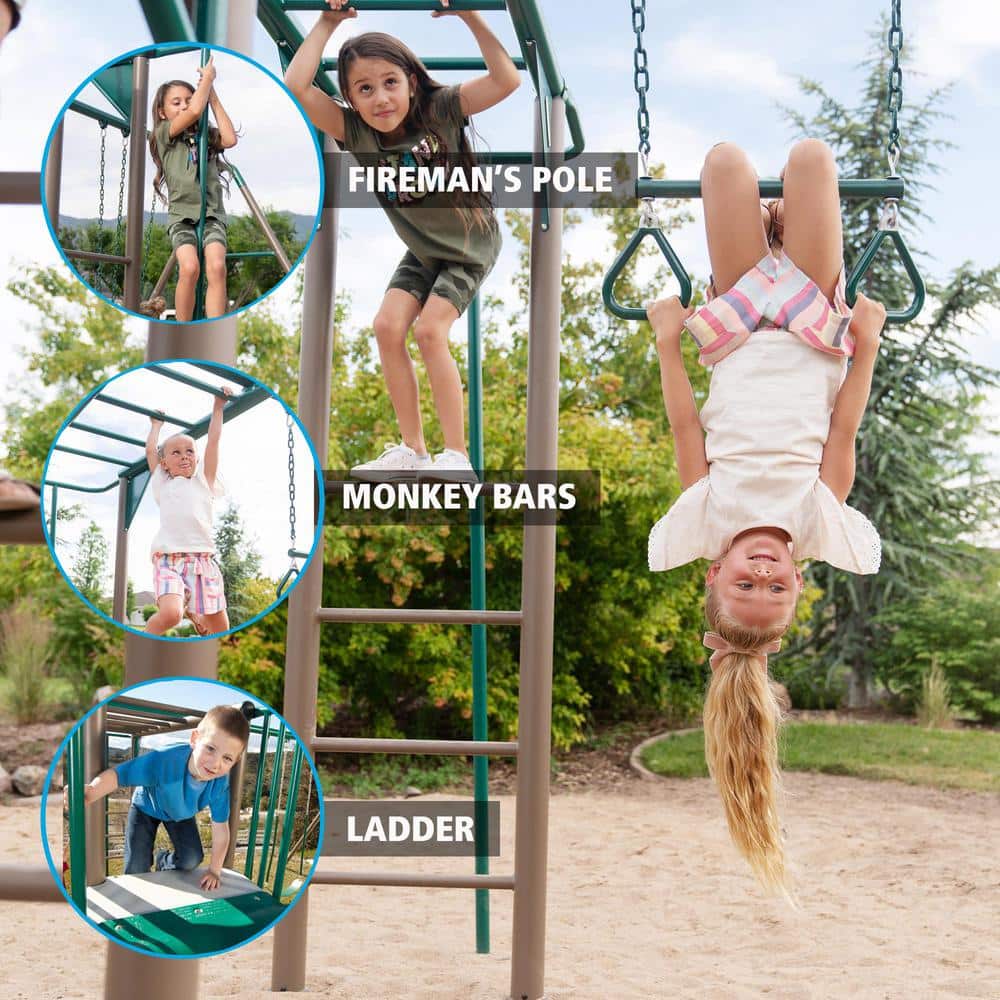 Green and Brown Metal Monkey Bar Swing Set with Slide