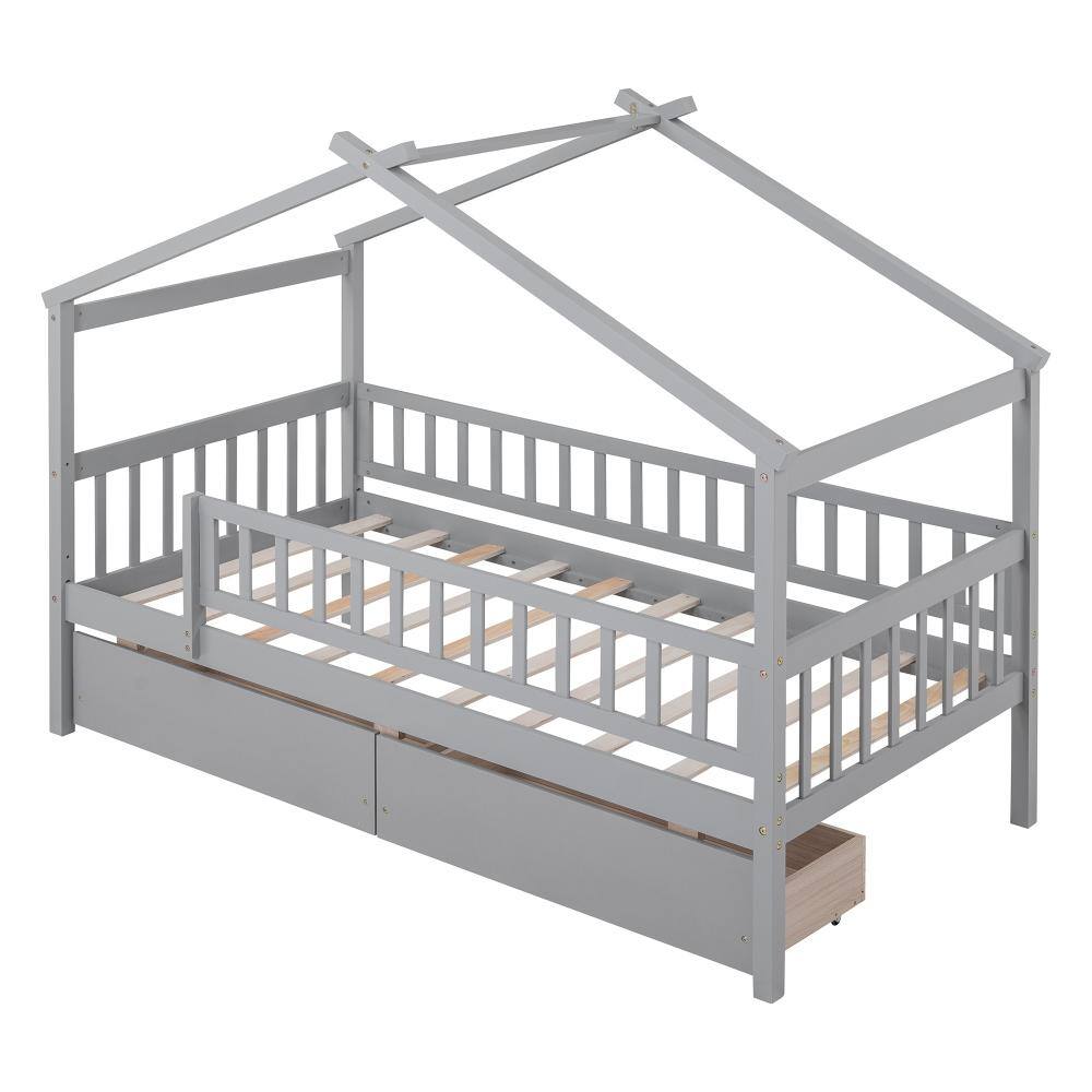 Gray Wood Twin Size House Platform Bed with Two Drawers and Storage durable construction easy to install price history on PriceWatchPro