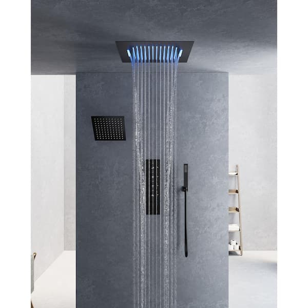 CRANACH 15-Spray 20 in. and 10 in. Ceiling Mount LED Music Dual Shower Head Fixed and Handheld Shower 2.5 GPM in Matte Black