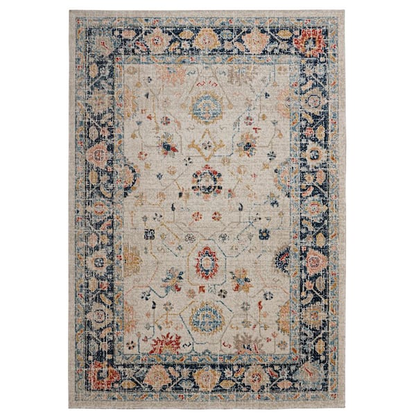 Linon Home Decor Leona Ivory and Blue Multicolor 3 ft. x 5 ft. Area Rug