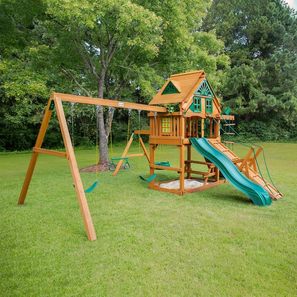 Gorilla Playsets Frontier Treehouse Wooden Outdoor Playset With Tire Swing,  Rock Wall, Wave Slide, And Backyard Swing Set Accessories 01-0052-Ap - The  Home Depot