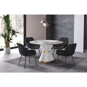 Modern Dining Table with a Round Sintered Stone Tabletop in White Steel Seats 6-10 Qorvus Collection in Medium Grey