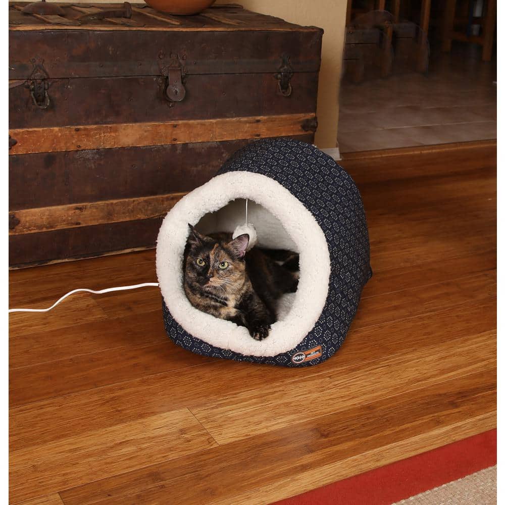 Navy Geo Flower Heated Cat Cave with Fleece Interior
