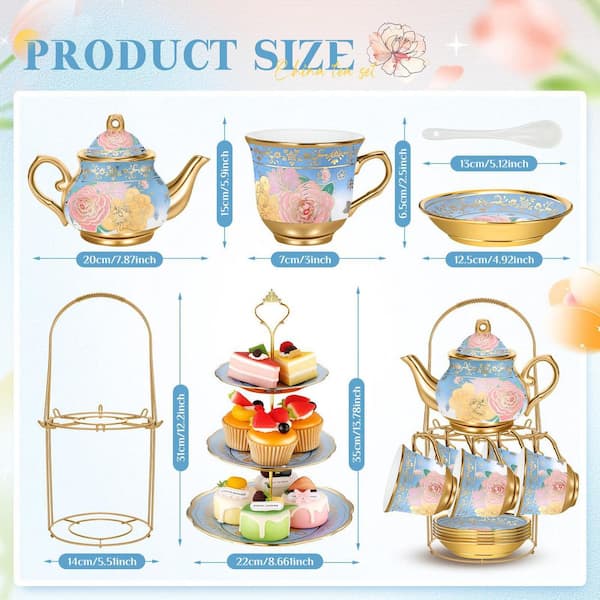 Numhew 21-Piece 6-Cup Blue Porcelain Tea Pot Set with Cups