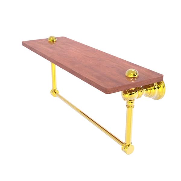 Carolina Collection 16 in. W x 7 in. H x 5.54 Wood Rectangular Shelf in Polished Brass with Integrated Towel Bar
