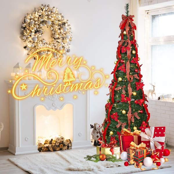 7ft. Lighted Pop Up Christmas Tree, Quick Setup Artificial Foliage with 200-Pre-Strung Lights for Indoor Holiday Decor