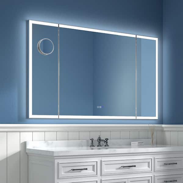 60 in. W x 36 in. H Rectangular Framed Tri-Fold Wall LED Bathroom Vanity Mirror with Front Light and Backlit in Nickel