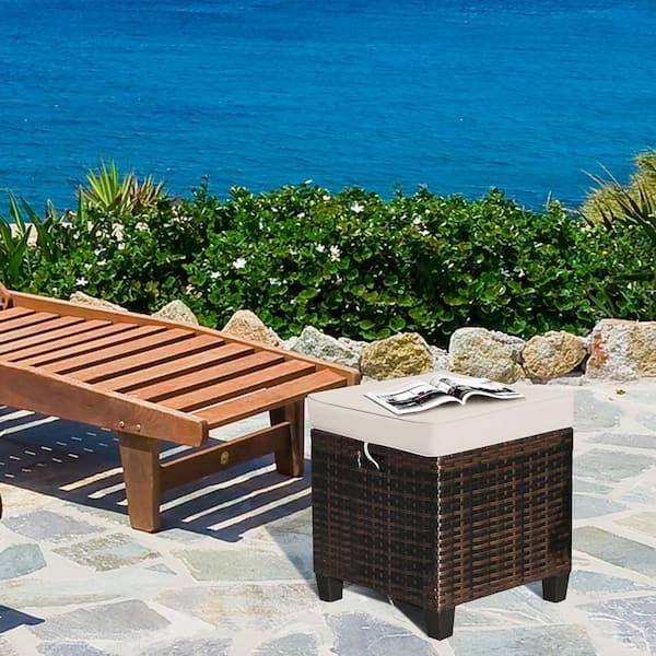 2 Rattan Ottomans Beige Cushioned Seat Foot Rest Set Outdoor Garden Furniture