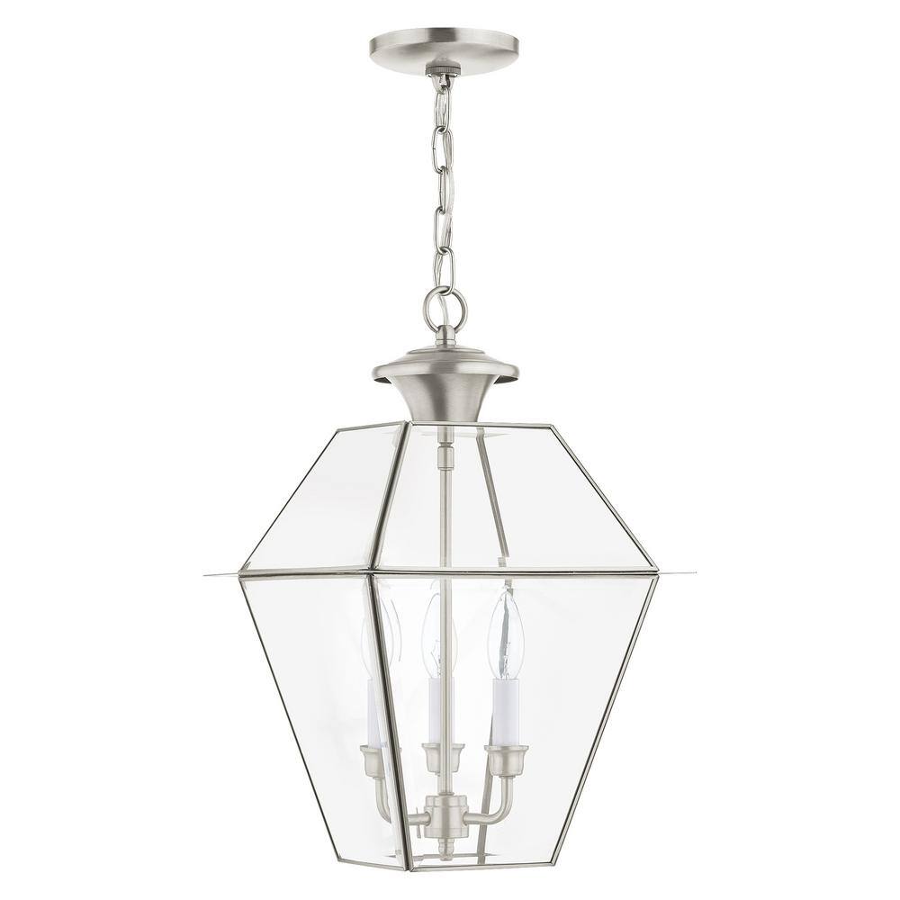 Brushed Nickel 3-Light Outdoor Pendant Lantern with Clear Beveled Glass