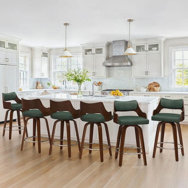 Kap 26 in. Green Walnut Wood Frame Premium Faux Leather Swivel Counter Height Bar Stool Set of 6