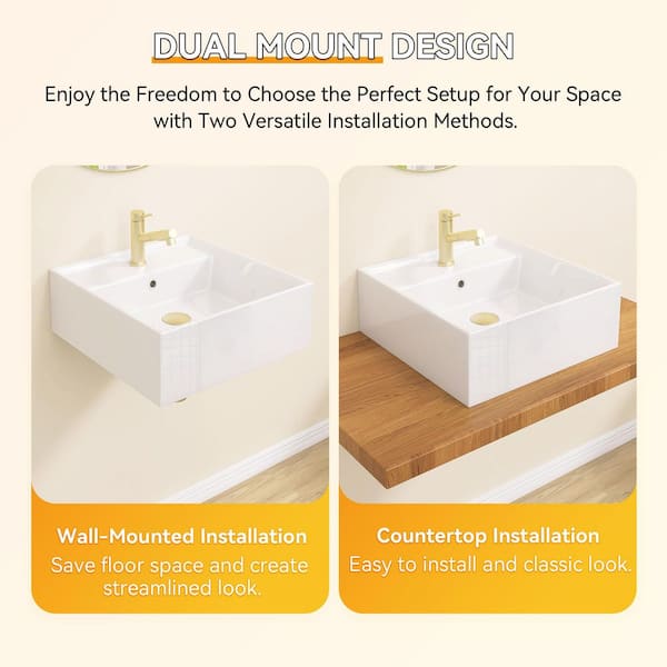 15.75 in Ceramic RV Sink Wall-Mounted Square Bathroom Sink with Single Faucet Hole in White Floating Vessel Sink