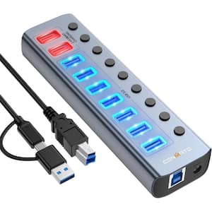 2.4 Amp 7 Outlet Splitter USB 3.0 Hub with Individual On/Off Switches and USB C Hub for Laptop and PC in Blue