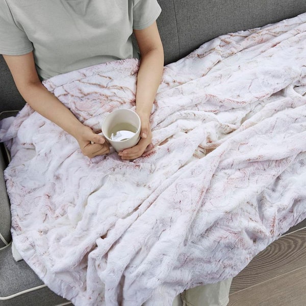 60 in.x70 in. Blush Oversized Faux Fur Throw Blanket, Ultra-Soft Marble Print Blanket for Winter, AC Rooms & Cozy Nights