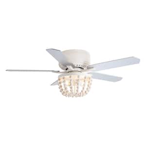 48 in White Farmhouse Flush Mount Ceiling Fan with Remote Control and Reversible Motor and Blades, Wood Beads Shade