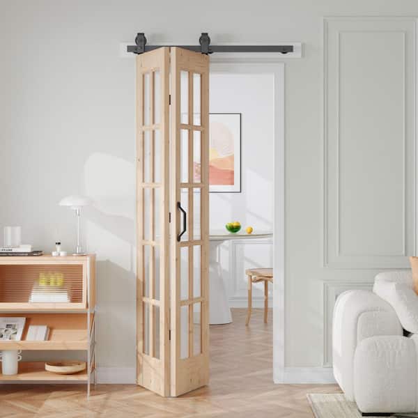 36 in. x 84 in. 1-Lite Pre Assembled Clear Glass Solid Core Wood Brown Bi-Fold Door with Hardware