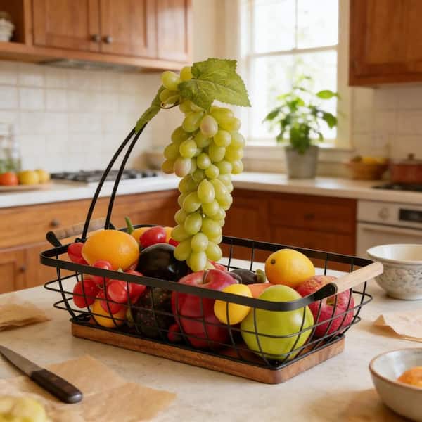 14 in. Metal Rectangular Fruit Basket with Banana Hanger and Wooden Base for Kitchen Counter, Black