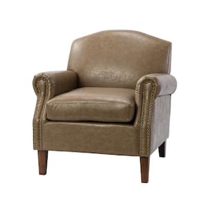 Gianluigi Taupe Vegan Leather Armchair with Rolled Arms and Nailhead Trim