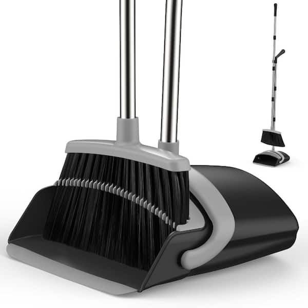 Broom and Dustpan Set, 51-in Long Adjustable Handle Angle Broom and Dustpan Combo Set with Dust Pan Teeth, Black Grey