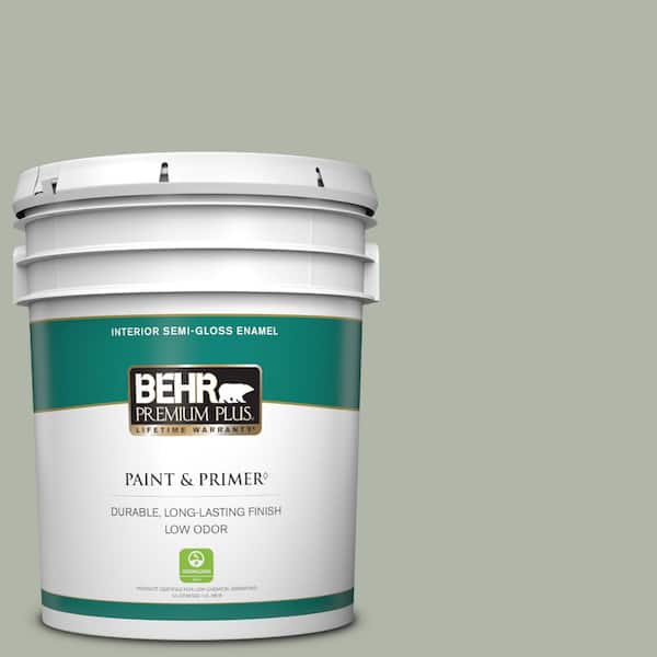 BEHR PREMIUM PLUS 5 gal. #ICC-56 Green Tea Semi-Gloss Enamel Low Odor Interior Paint & Primer