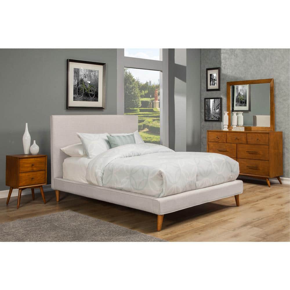 Mid-Century Modern King Platform Bed in Gray/Cream Linen
