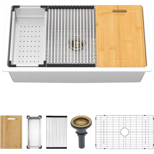 32 in. Undermount Single Bowl Workstation White Composite Kitchen Sink Quartz Basin Round Corner with Bottom Grid