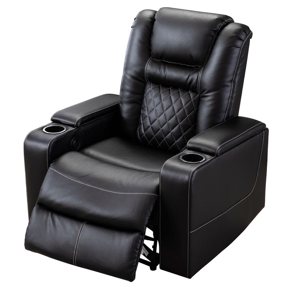 KINWELL Black Home Theater PU Leather Power Recliner with USB Charge Port  and Cup Holder ZY-C0200AF51D-U011 - The Home Depot