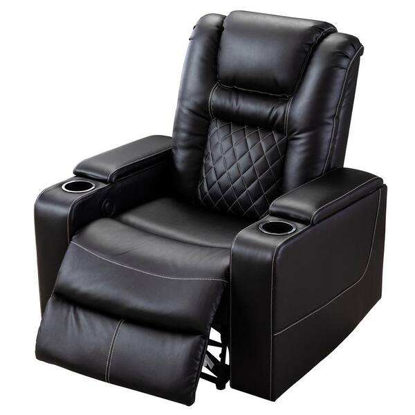 KINWELL Black Home Theater PU Leather Power Recliner with USB