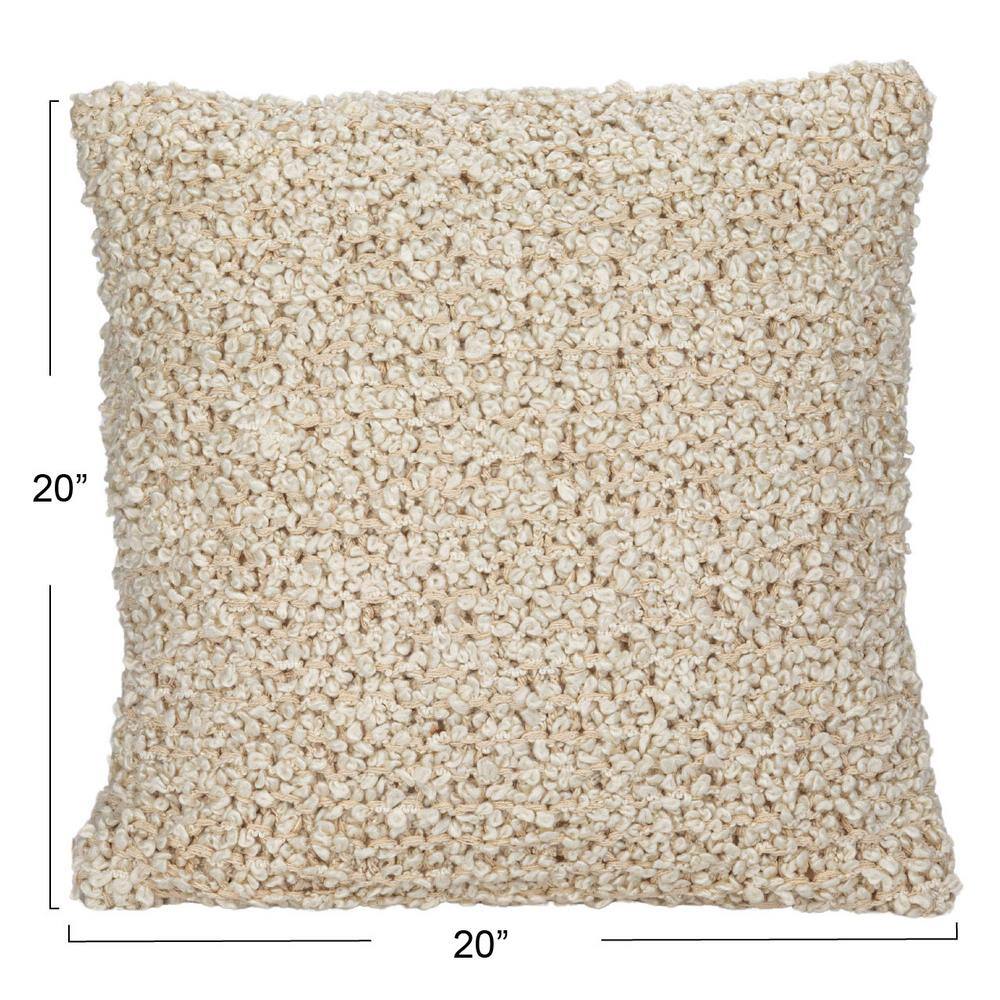 Cream Woven Cotton Blend Bouclé Square Throw Pillow