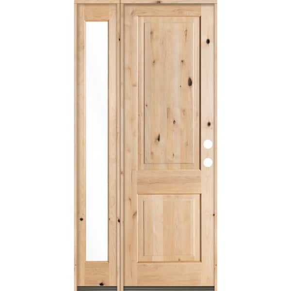 Krosswood Doors 46 in. x 96 in. Rustic Unfinished Knotty Alder Square-Top Left-Hand Left Full Sidelite Clear Glass Prehung Front Door