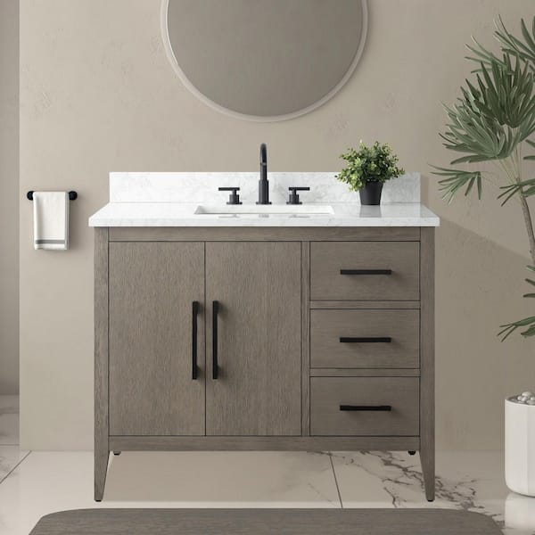 42 in. W x 22 in. D x 34 in. H Single-Sink Bath Vanity in Driftwood Gray with Engineered Marble Top in Arabescato White