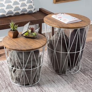 17.5 in. White/Brown Engineered Wood and Metal 2-Piece Nesting End Tables with Storage