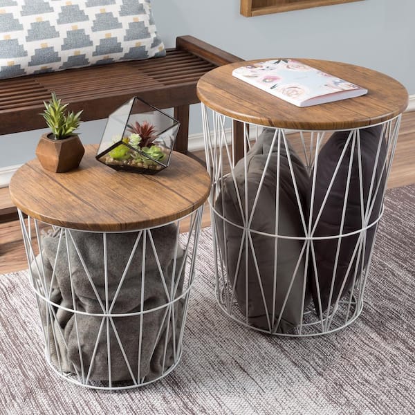 Lavish Home White 2-Piece Nesting Veneer Metal and Wood Round Accent Table Set
