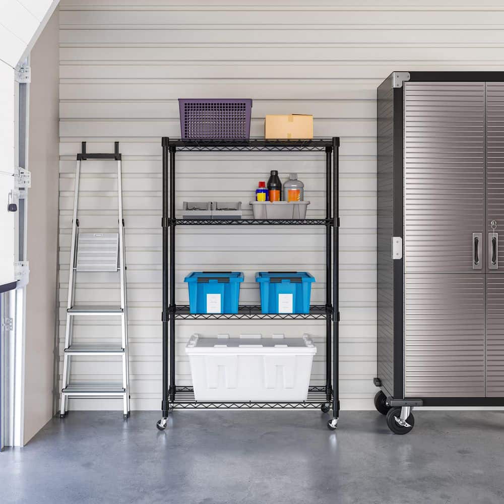 Adjustable Black Steel 4-Tier Wire Shelving Unit with Wheels