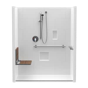Trench Drain 60 in. x 34 in. x 76-3/4 in. 1-Piece Shower Stall Left Teak Seat with Grab Bars and Shower Valve in White